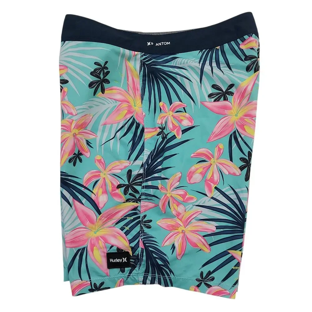 Hurley Phantom Board Shorts Mens 32 Green Hawaiian Print Beach Travel Outdoor